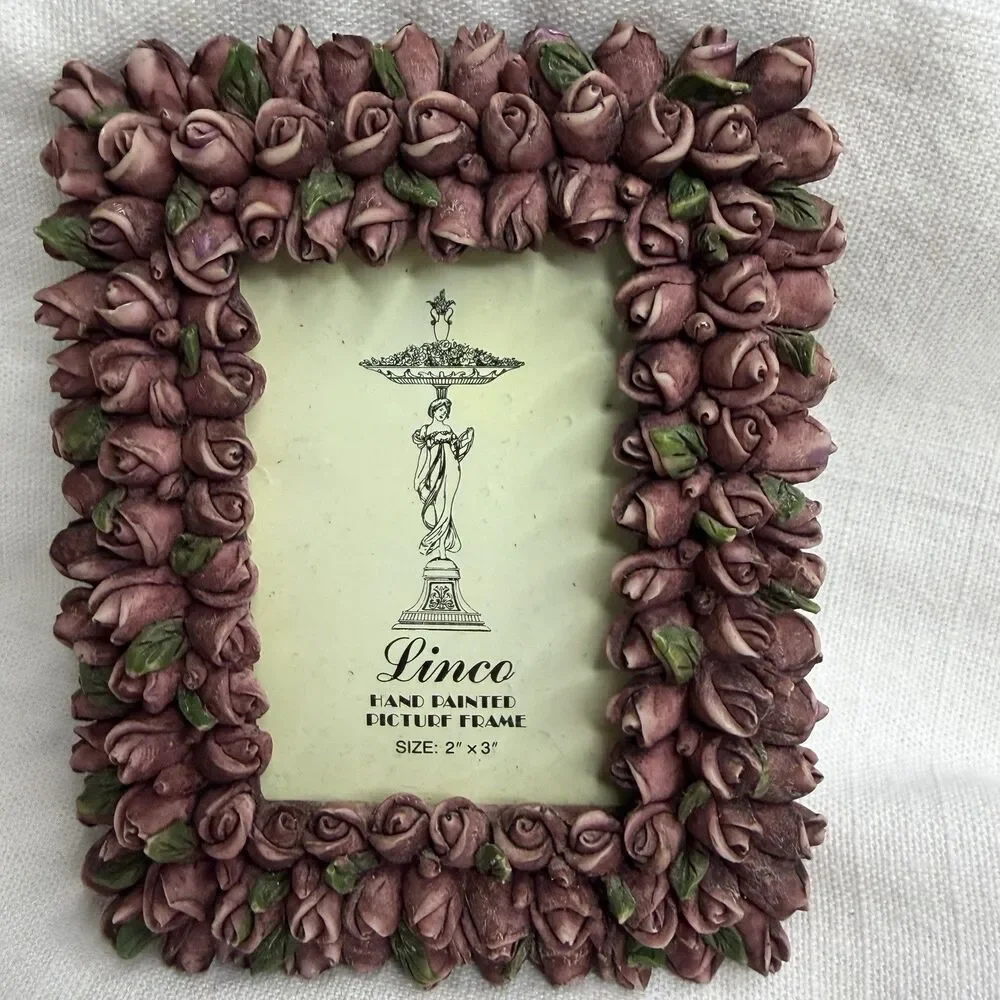 Vintage Linco Hand Painted 2” x 3” Detailed Floral Rose Cottage Picture Frame